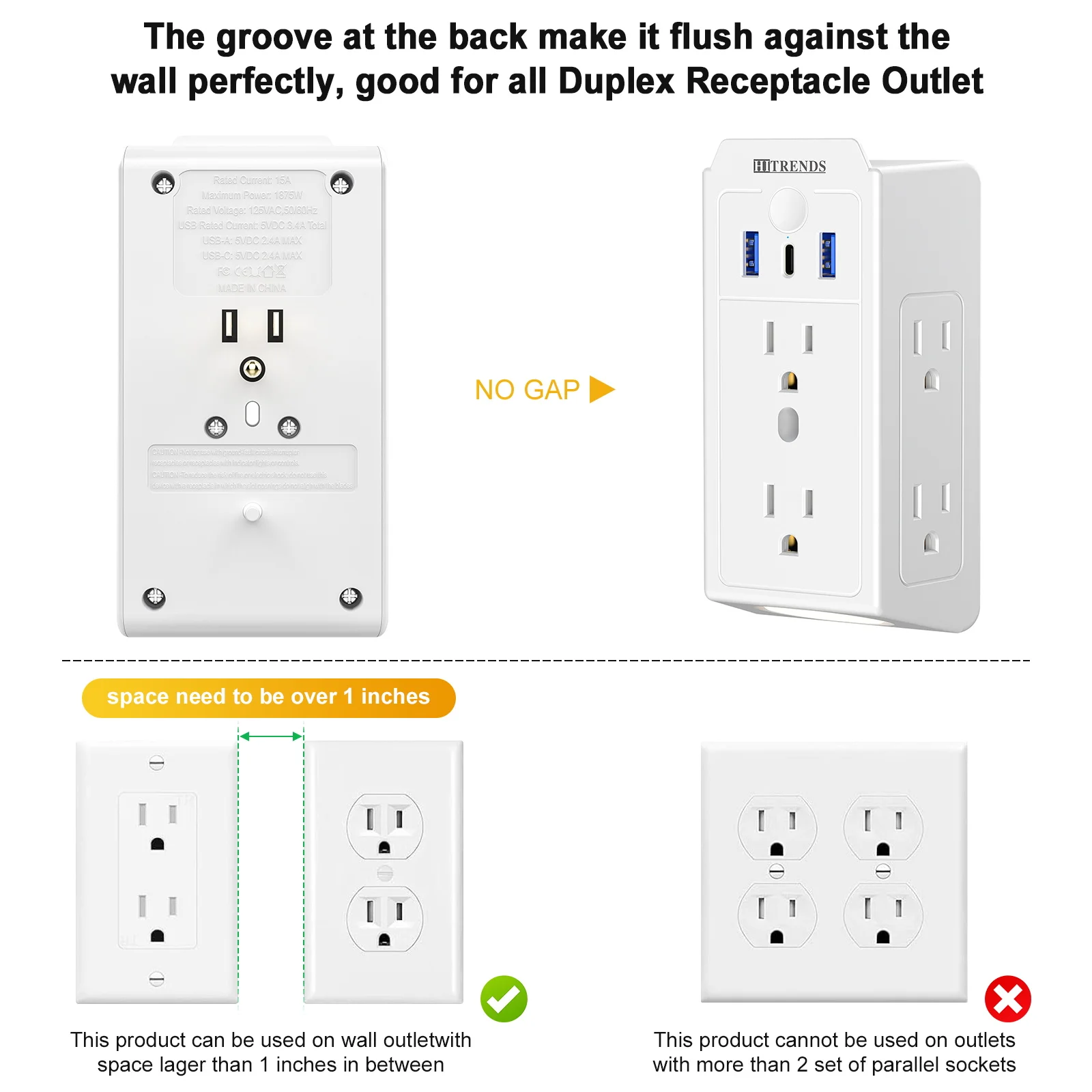 Wall Socket 6AC Outlet Extender with 2 USB Type C Fast Charge US Canada Mexico Plug Multi Plug Adapter with Night Light