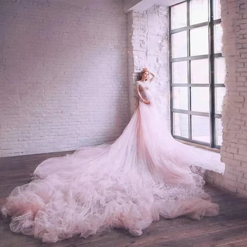 Absolutely Unique Maternity Dress Off Shoulder Applique Lace and Tulle Sweep Train Pink Dreamy Pregnant Women Dress Gown