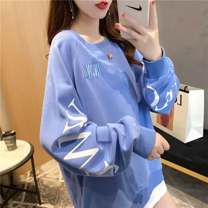 Korean Fake Two Piece Loose Hoodies Long Sleeve O-neck Print Letter Patchwork Trend Pullovers Tops Fashion Casual Women Clothing