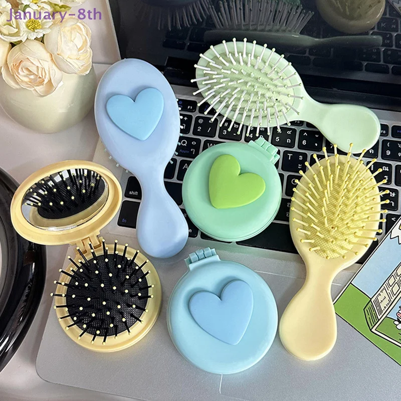 Heart Comb 2 In 1 Mini Portable Folding Comb Mirror Cute Air Cushion Bling Cosmetic Travel Pocket Hair Brush Makeup Tool Gift