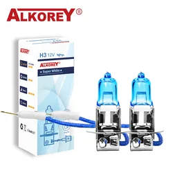 ALKOREY 2 Pcs H3 12v 55w Car Headlight Bulbs 5000K Super White Blue Glass Fog Lights Auto Halogen Lamps