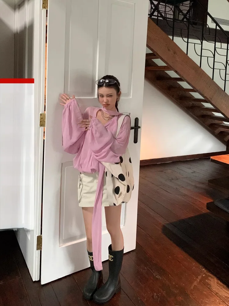 

Женская блузка DULA Good Home для ранней осени: кружевная, с тонким шифоновым верхом, свободного кроя, с длинным рукавом, V-образным вырезом, из смесового полиэстера