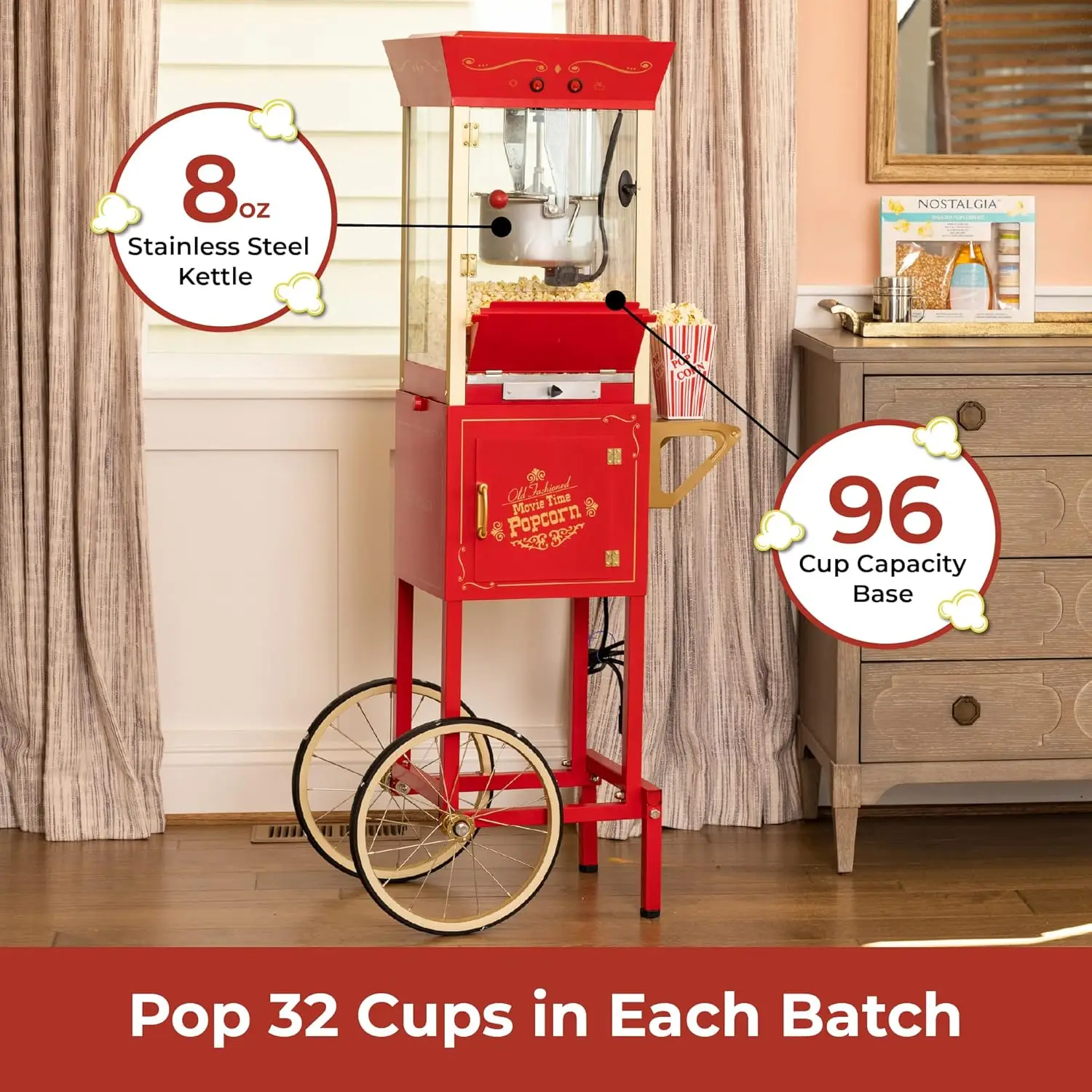 Popcorn Maker Machine - Professional Cart With 8 Oz Kettle Makes Up to 32 Cups