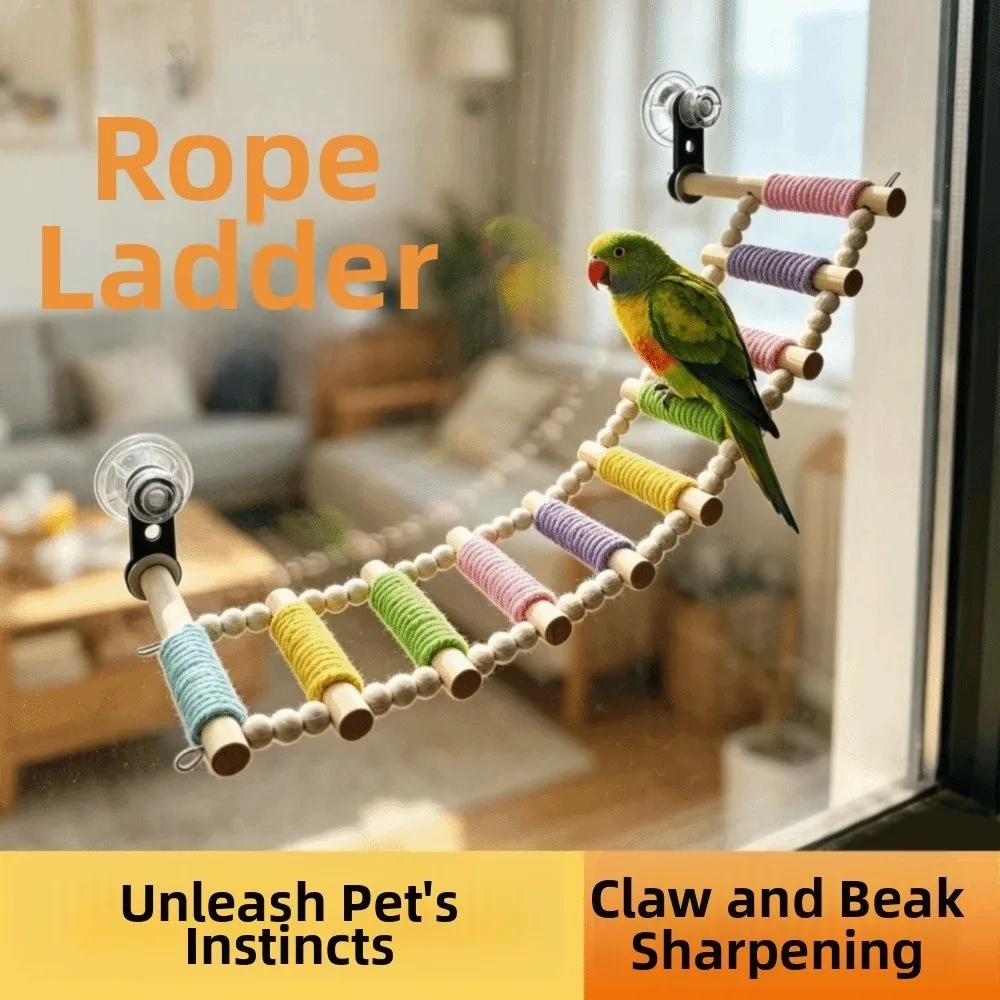 Colorful Bird Cotton Rope Ladder Suction Cup 5/6/7/8//9/10 Steps Wooden Bird Perch Cotton Rope Wrapped Wear Resistant