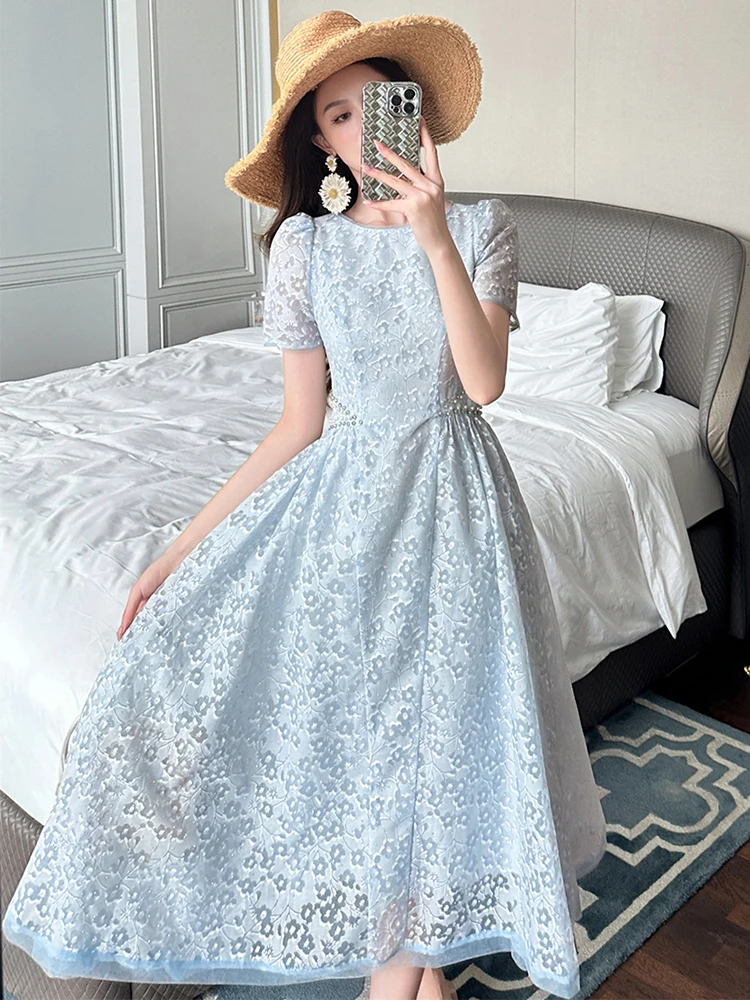 Vestiti delle donne Dolce Blu Stampa floreale O-Collo Sottile A-Line Abito lungo Elegante Lady Fashion Party Compleanno Vestido Robe Boho Summer