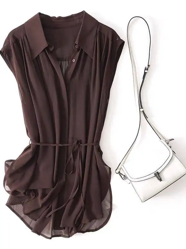 Elegant Lightweight Mesh Waist-Cinching Shirt Short Sleeve T-Shirt Top for Women Commute Style Korean Loose Fit Collar