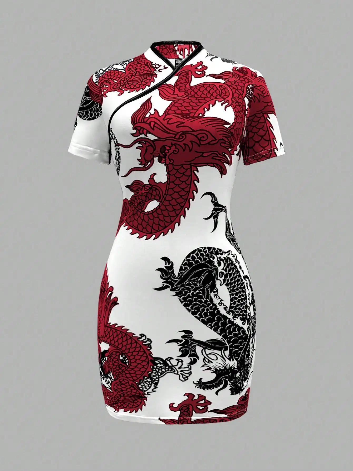 

Women's Dragon Print Short Sleeve Fitted Mini Dress, Summer Elegant Style