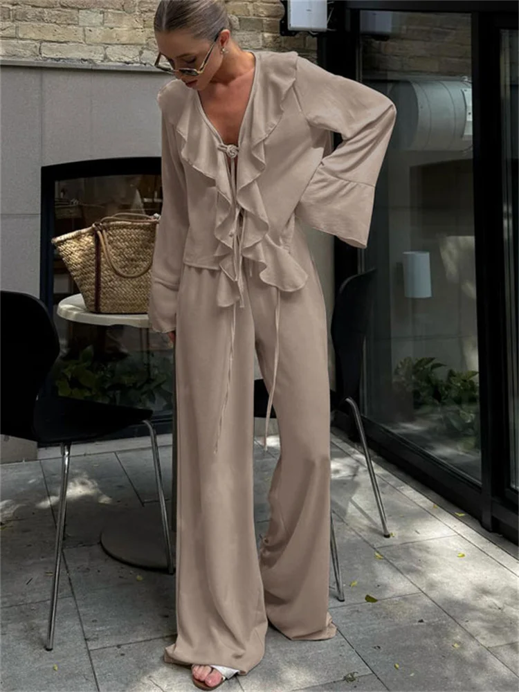 

Женские брюки из 2 предметов на шнуровке с рюшами, свободные рубашки и прямые брюки с высокой талией, женские комплекты, новинка