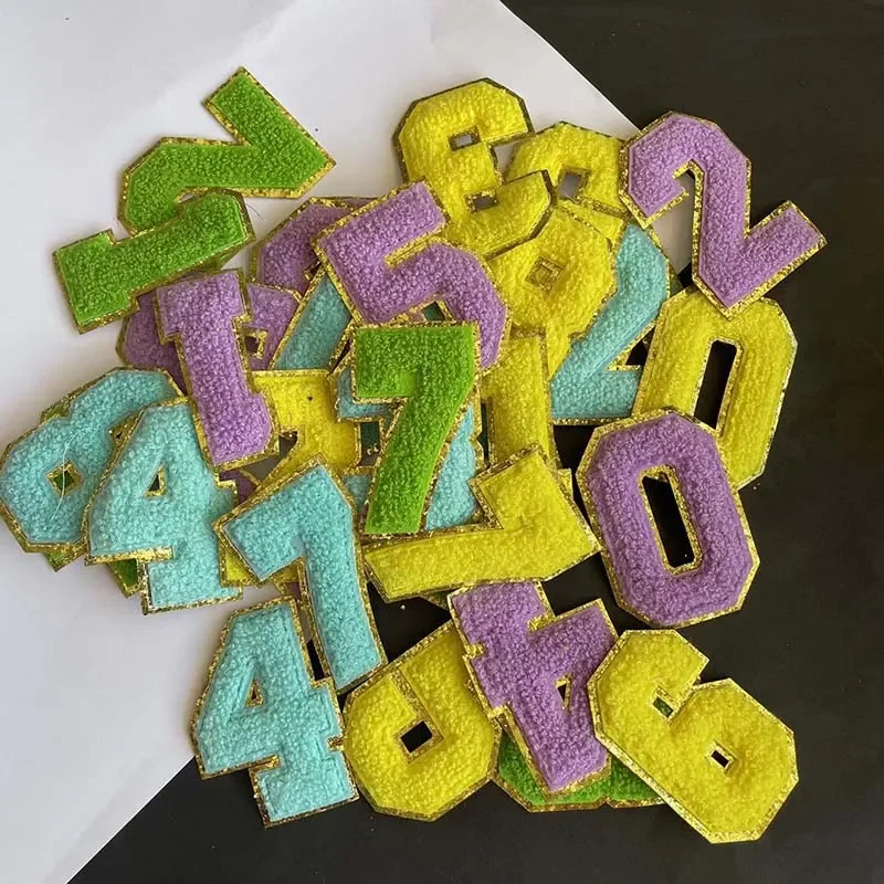 Yellow,Blue,Purple,Green/0-9 Numbers Chenille Applique Embroidery Iron On Patches,Jersey uniform Clothes Badge Fabric Stickers