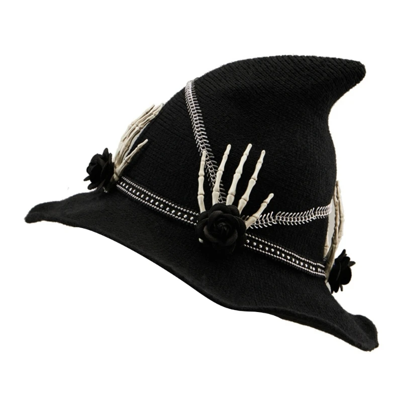 

634C Halloween Witch Hat for Women Cosplay Skull Hand Flower Wizard Hat Fashion Costume Cloche Festival Pointed Witch Hat