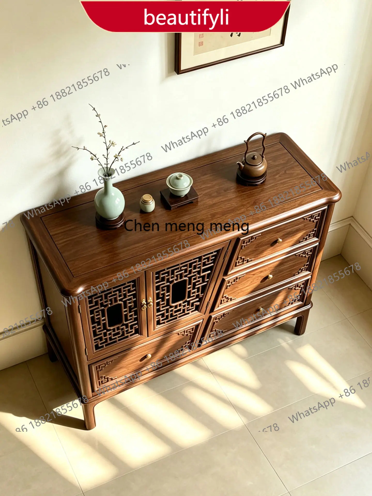 

A38 Song-style aesthetic black walnut dining side cabinet New Chinese-style Zen paper grille entrance cabinet