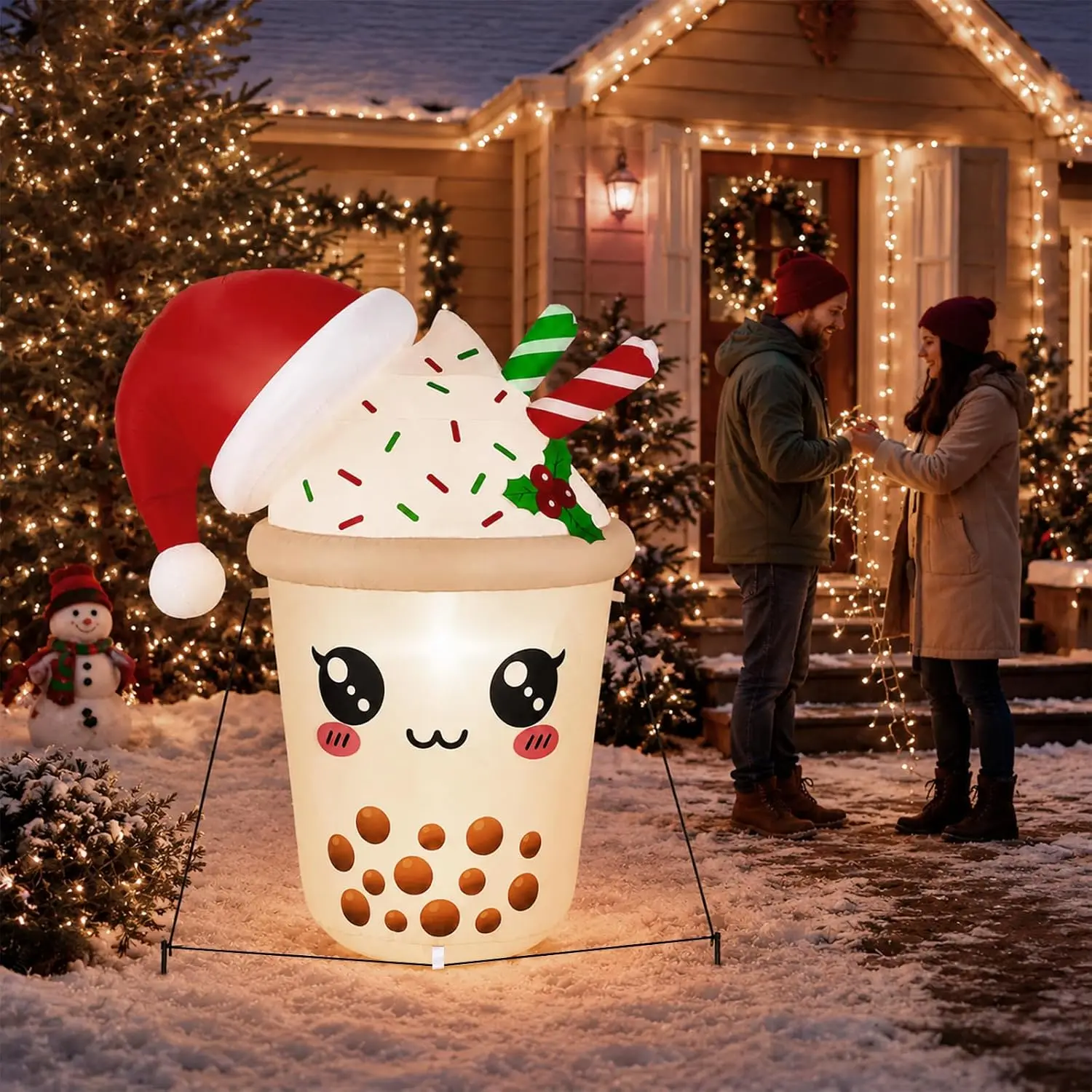 Outdoor Christmas Inflatable Decoration 3.2 Ft with Santa Hat Candy Cane LED Lights Cute Holiday Bubble Milk Tea Design