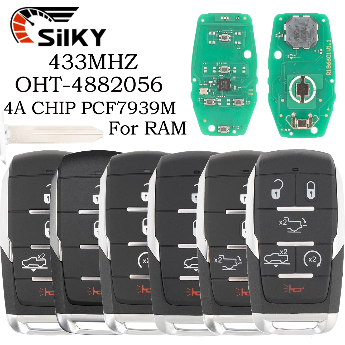 SilKY OHT-4882056 4A PCF7939M Chip 433MHz Keyless Go Car Remote Key 68291687AD For Dodge RAM 1500 TRX Pickup 2019 2020 2021