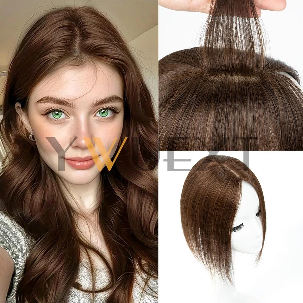 

YWUEXT Brown 7x11cm Hair Toppers Middle Part Women Human Hair Topper with Lace Base Clips in Hair Extensions Human Hairpieces
