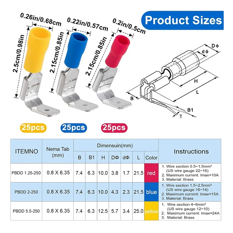 ABNO-75Pcs موصلات بأسمائها الحقيقية شبه المعزولة، مجموعة متنوعة من أدوات قطع الاتصال السريع على شكل حيوان الظهر، أنثى/ذكر 22-10 AWG