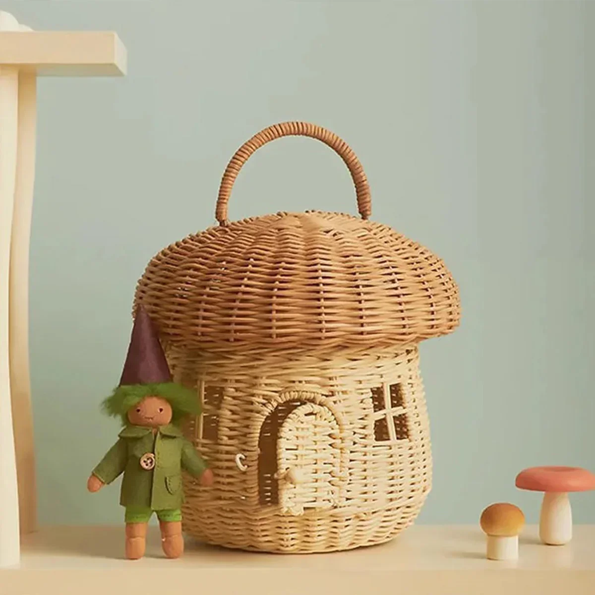 Rattan Tote Handmade Bag Woven Rattan Basket Mushroom Children Room Decoration Tote Toy Sundry Storage Bag Flower Girl Basket