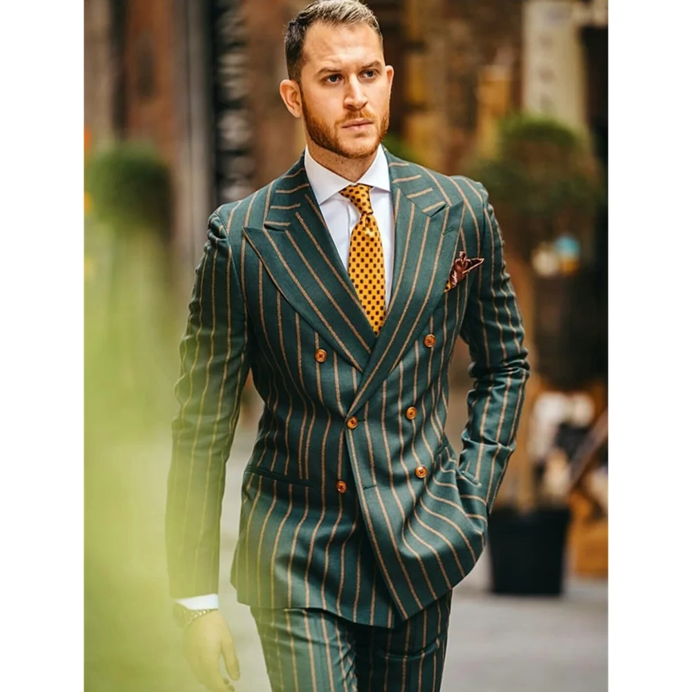 2 Piece Green Orange Striped Fashion Men Suits Slim Fit Double Breasted Classic Fit For Wedding Groom Blazer And Pants Outfits