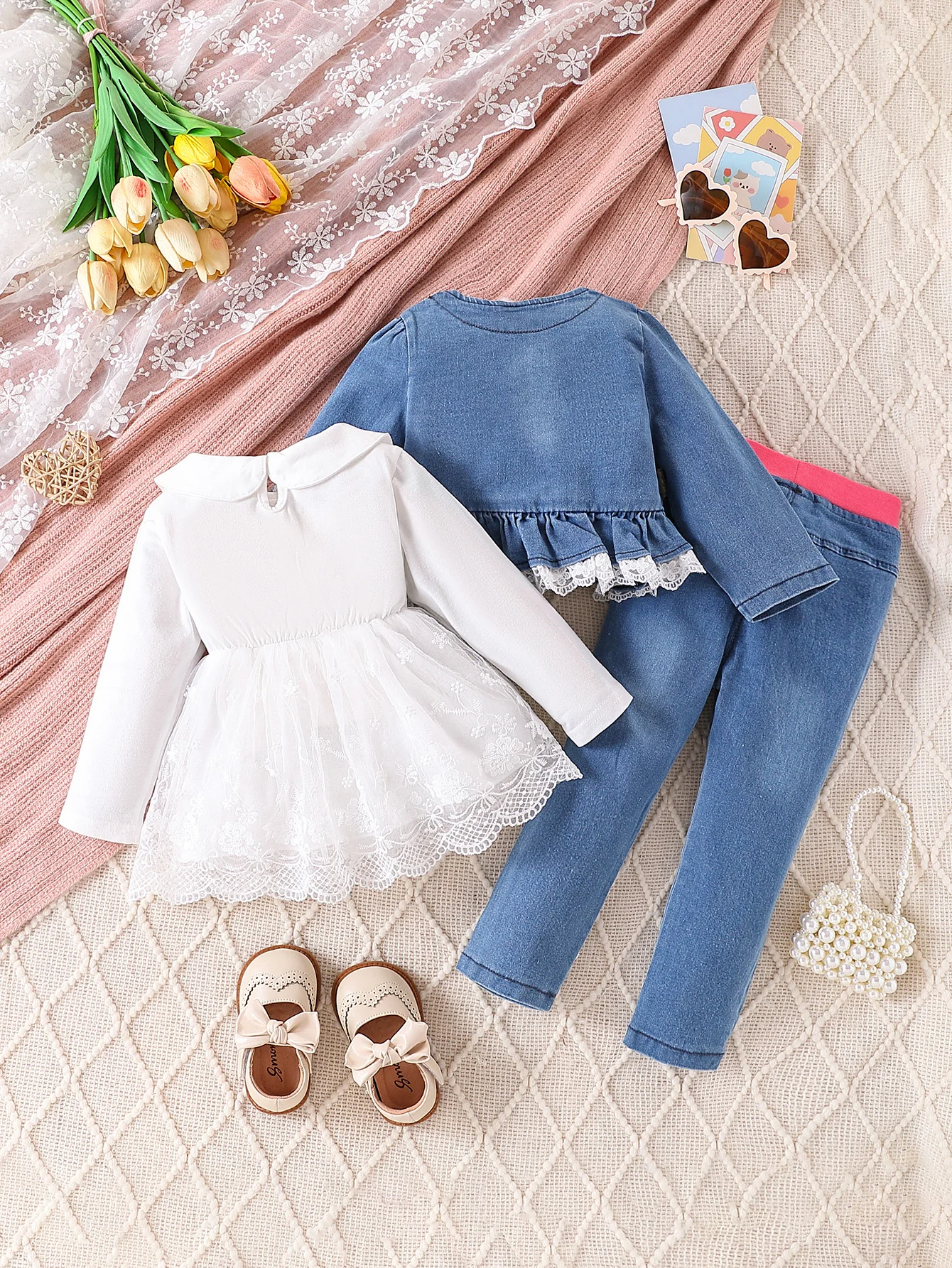 Baby Girls 3Pcs Outfit 6M-24M Lace Tulle Dress Denim Jacket Floral Embroidered Pants Toddler Princess Autumn Clothes Set