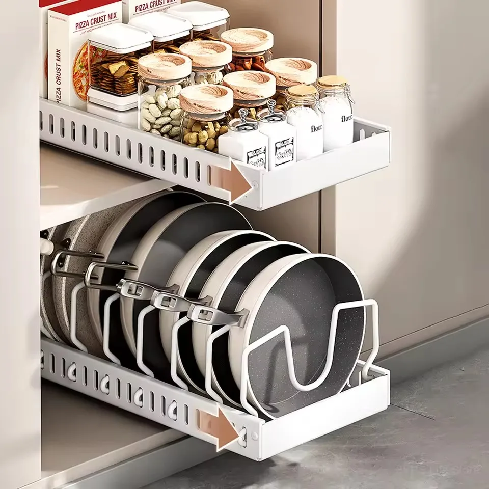 

Kitchen Multipurpose Under Cabinet Pots and Pans Storage Racks Adjustable Pull-out Pot Lid Shelf Spice Dishes Storage Organizer