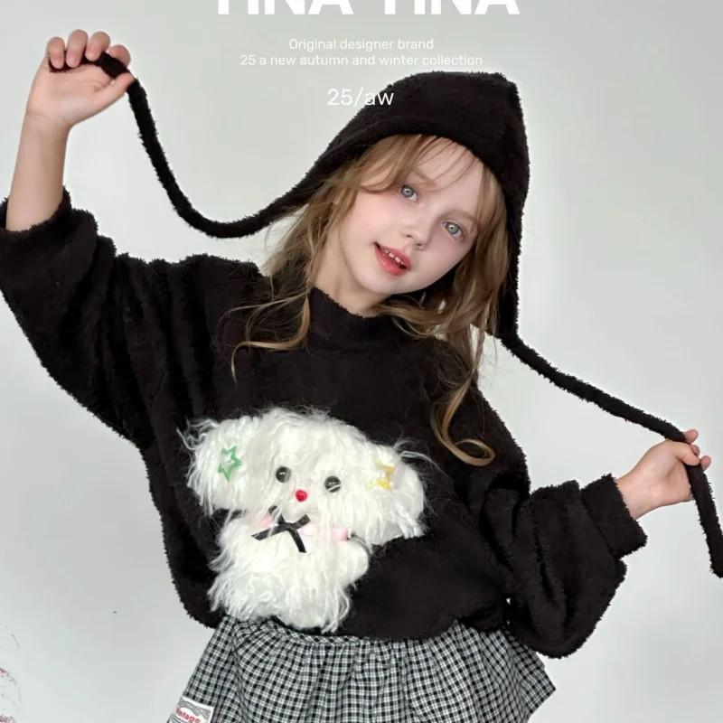 

SeasonSea милый 3D толстовка с щенком для девочек, зимняя плюшевая толстовка с капюшоном, теплый флисовый пуловер, черный топ, осенняя детская модная одежда, От 3 до 8 лет