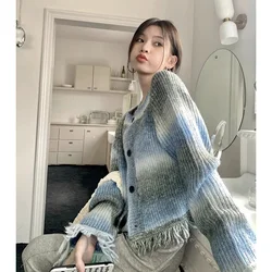 Pink Women Clothing Vintage Tassels Knitting Sweater Long Sleeve Casual Korean Fashion Cardigan Baggy Female 2023 Winter Tops