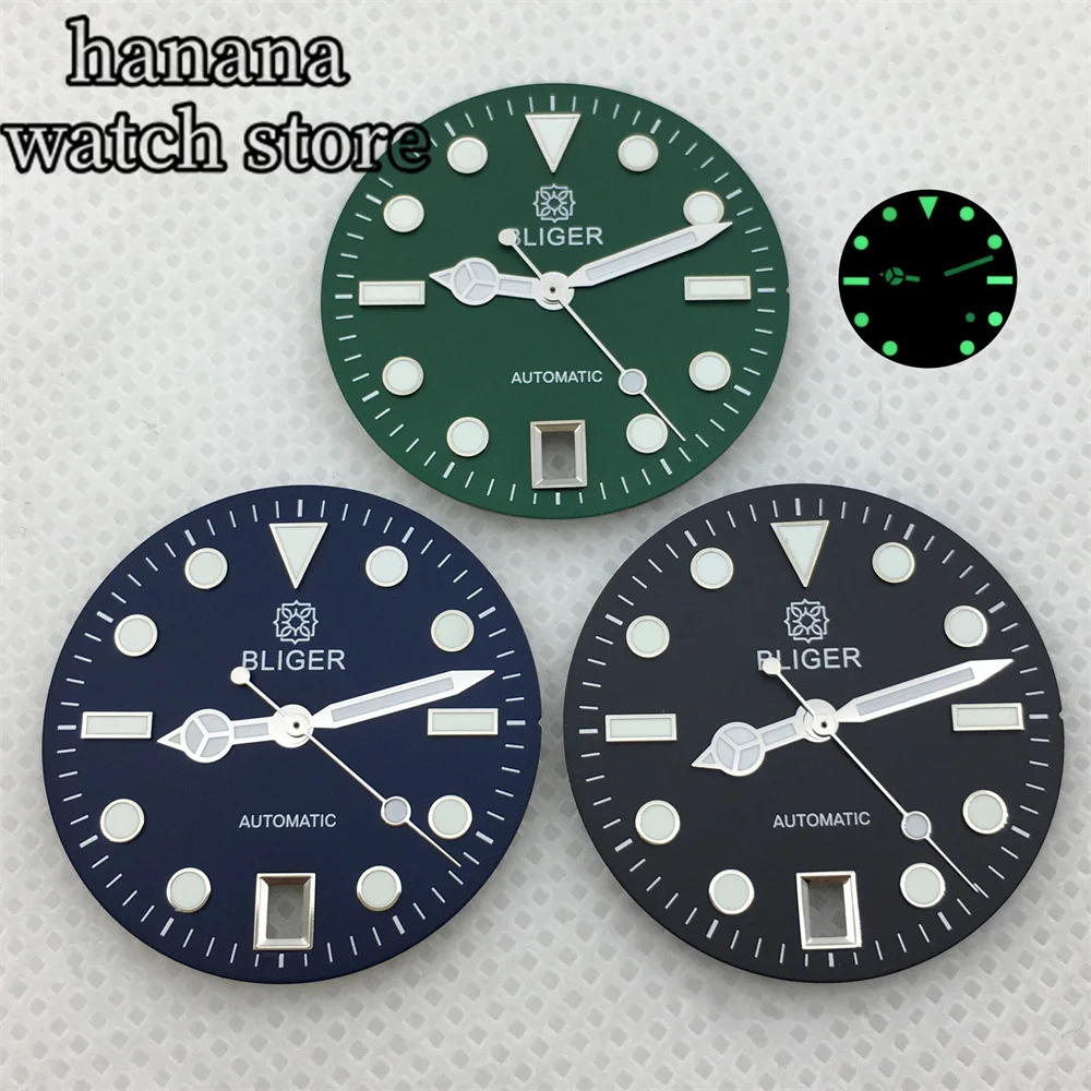 29Mm Duikhorloge Zwart Wit Lichtgevende Wijzerplaat Wijzers 6 O 'Klok Positie Datumvenster Met Zilver/Zwart Rand Index Voor Nh35 Beweging