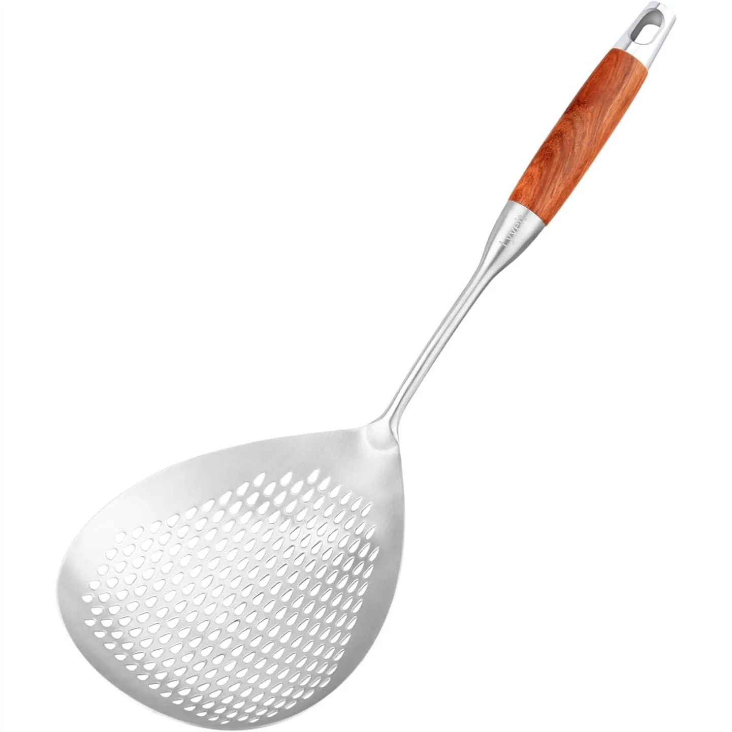Cuchara ranurada grande con mango de madera largo, espátula para freír de 16 pulgadas con orificios para colgar, espumadera de acero inoxidable para freír