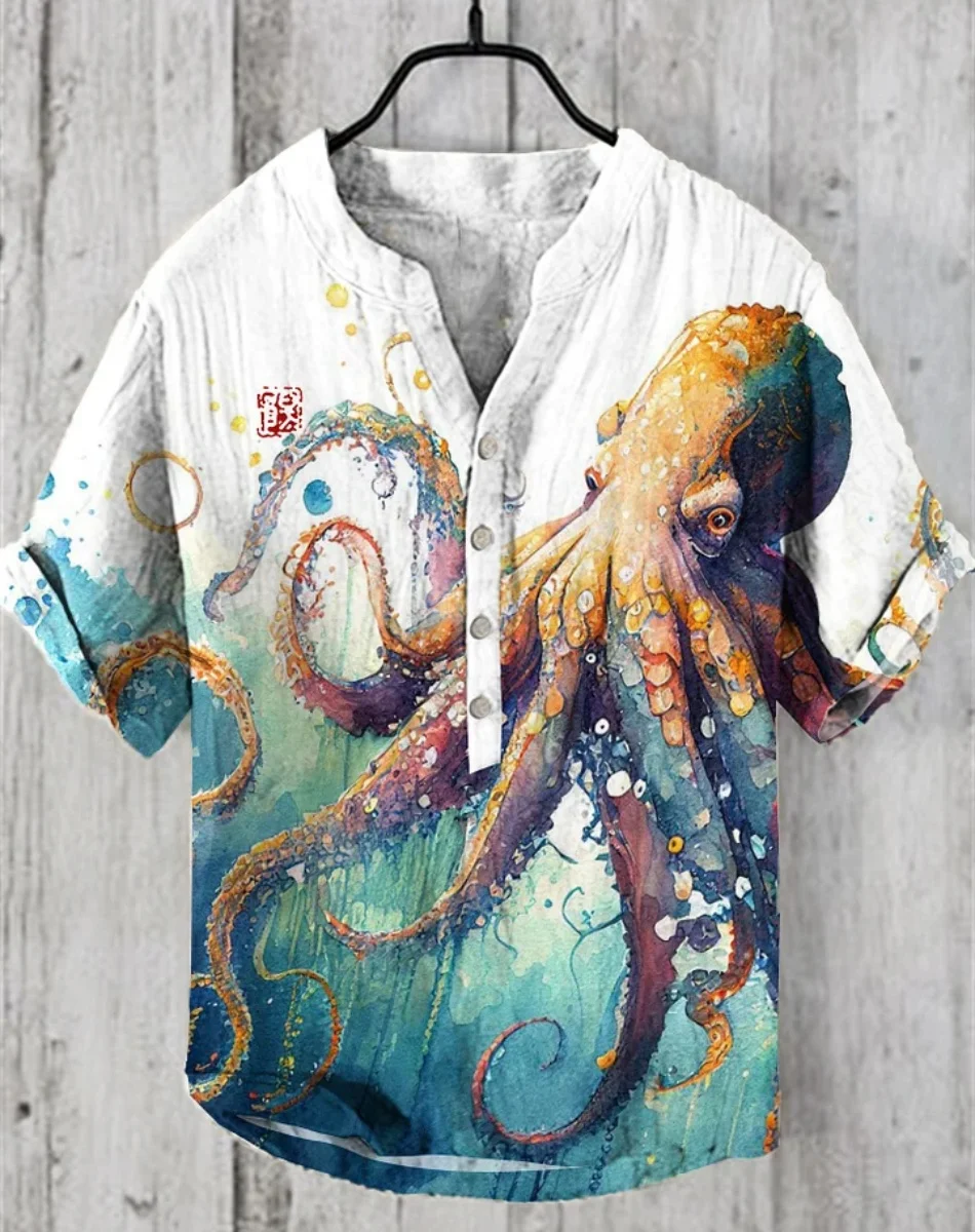 メンズシャツエスニックスタイル 3D 印刷メンズファッションプラスサイズボタンスタンドカラー半袖シャツ紳士服ハワイファスト d