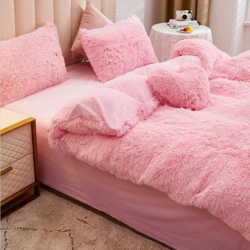 

INS Winter Warm Plush Duvet Cover Pink Romantic Princess Mink Velvet +Fluffy Flannel Quilt Cover Luxury Bedding Set King Size