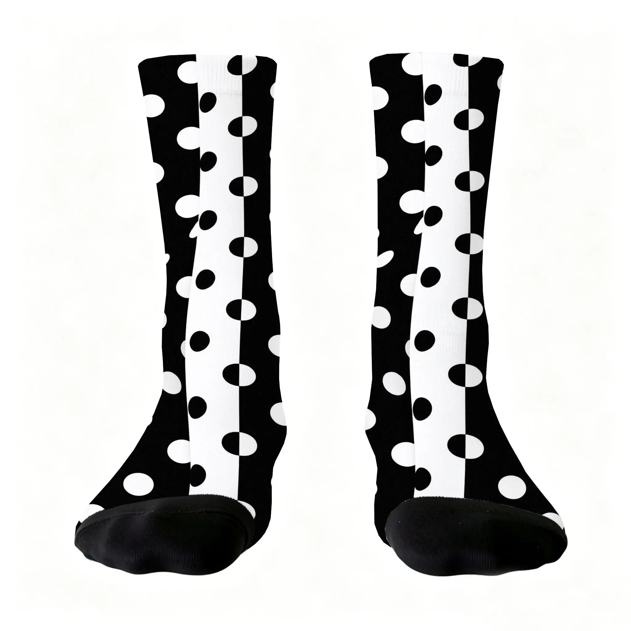 Polka Dot Crew Socks Full-Body Black White Print Stretchy Soft Breathable Suitable for Casual Streetwear Durable Easy-Care Socks