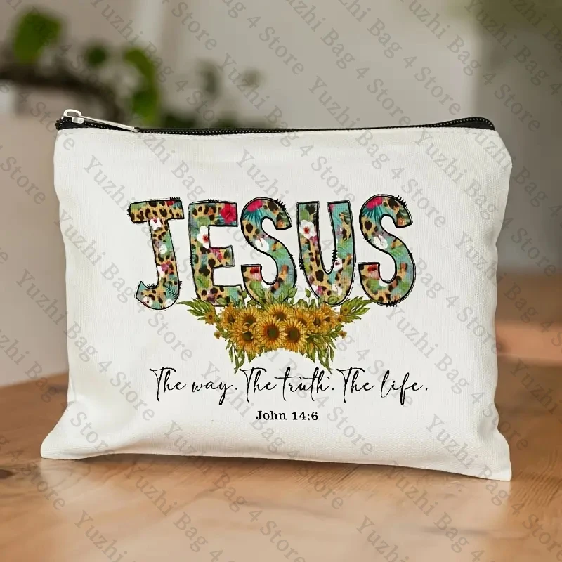 Inspirational Sunflower Leopard Print Jesus Decor Makeup Bag Christian Gifts for Women Faith Cosmetic Case Bible Scripture Decor