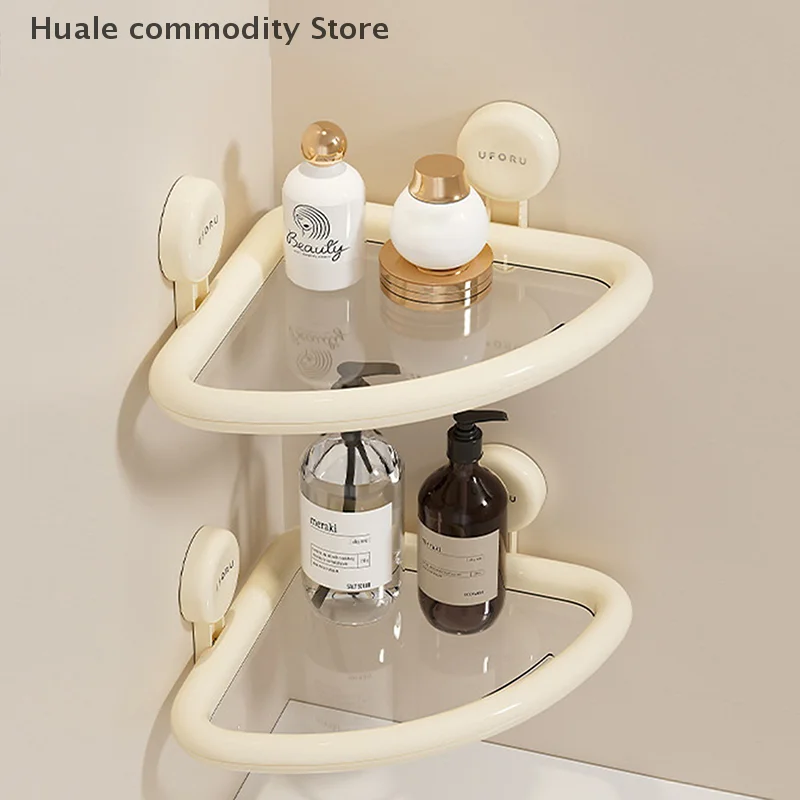 Scaffale triangolare con ventosa in plastica, montato a parete, senza punzonatura, disinfettante per le mani, portaoggetti, organizer per doccia drenabile per la casa