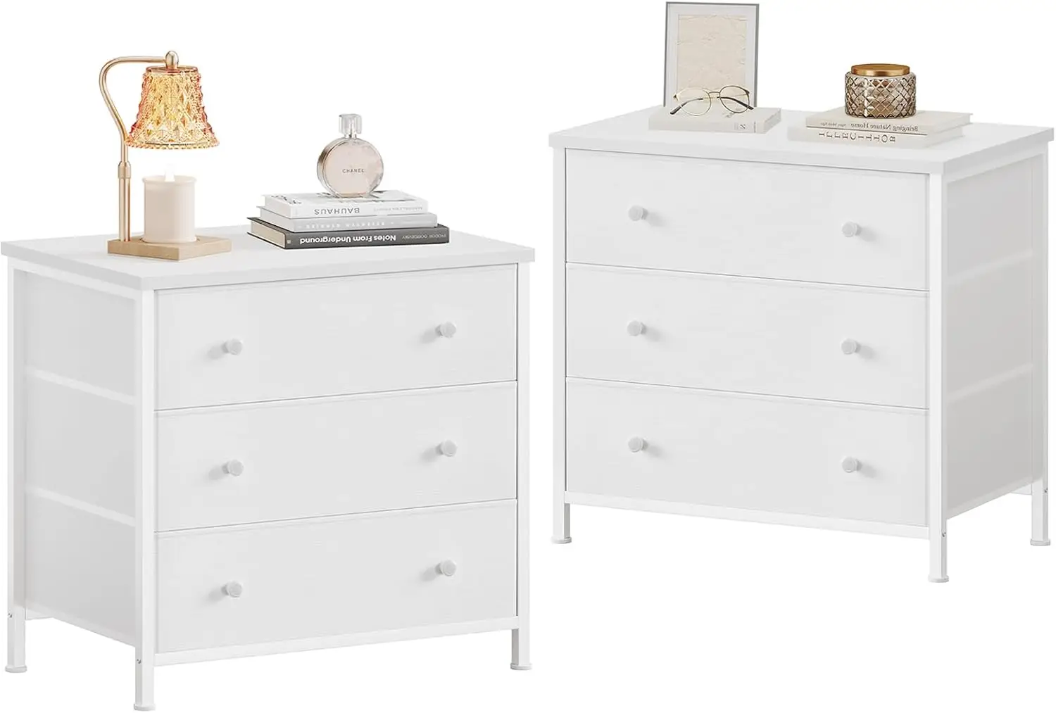 

White Nightstands Set of 2, Large Night Stand Fabric 3 Drawer Dresser for Bedroom Closet,Girls Modern