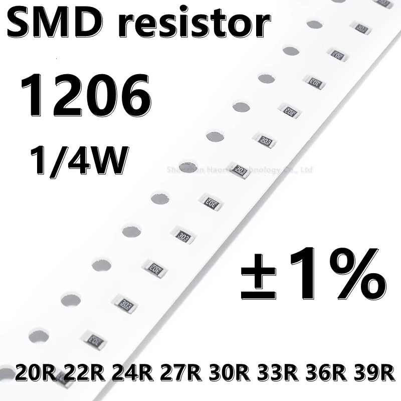 Resistencia SMD 100 de alta calidad, 1206 piezas, 1%, 20R, 22R, 24R, 27R, 30R, 33R, 36R, 39R, 1/4W