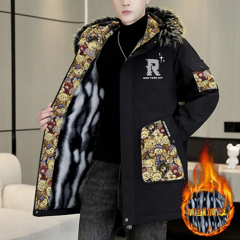 ฤดูใบไม้ร่วงฤดูหนาวใหม่ Thicken WARM เสื้อแจ็คเก็ตผู้ชาย Hooded Parkas Coat ขนแกะแบรนด์อินเทรนด์ Streetwear INS เสื้อขนสัตว์