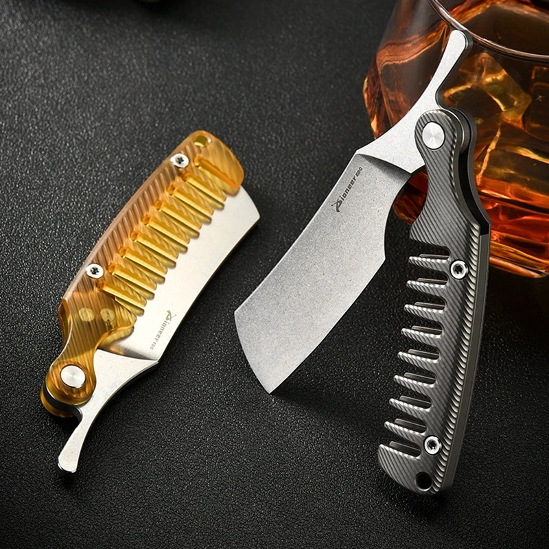 EDC Titanium Alloy PEI Retro Folding Men Beard Comb Knife 2 Usages Hairdressing Styling Comb Knife Tools