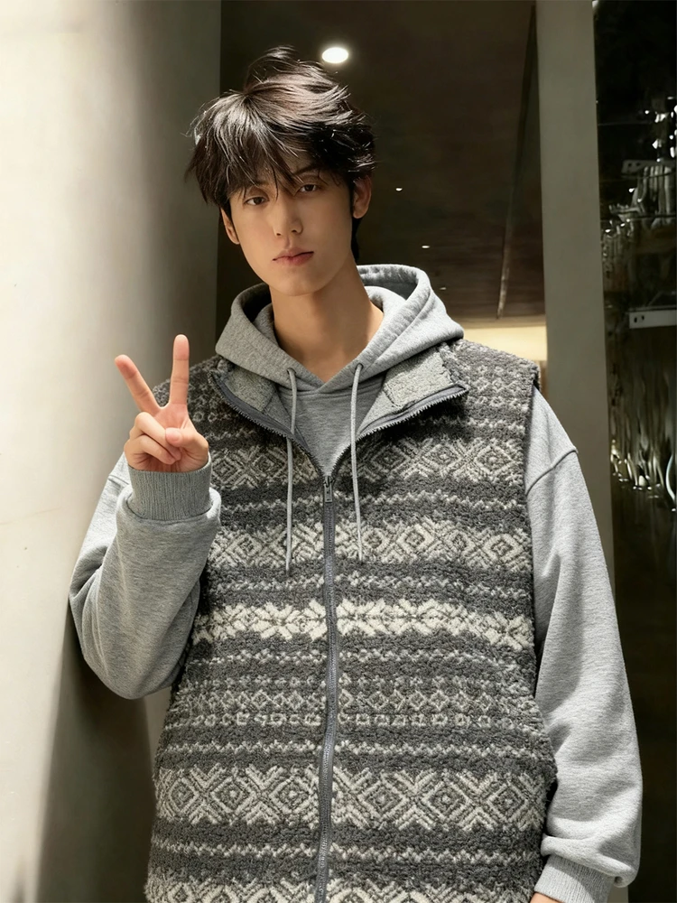 

American Retro Lamb Fur Vest Jaet Men's Autumn Winter Thi Warm Stand Collar Casual Loose Top Polyester Fiber Zipper Closure