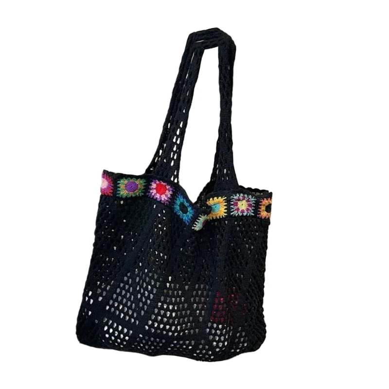 

E8FB Women's Embroidery Beach Bag Hollow Out Crochet Knit Shoulder Bag Large Capacity Travel Handbag for Holiday Vacation