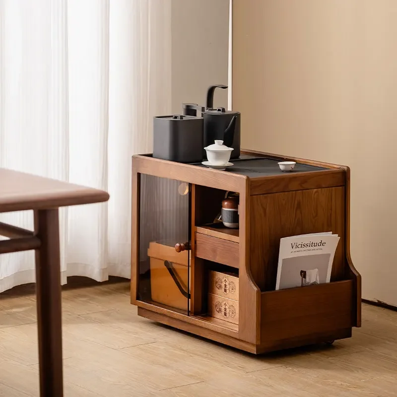 Ash wood sofa side table, all solid wood side cabinet, mobile boiling water, tea table integrated tea cabinet, small apartment c