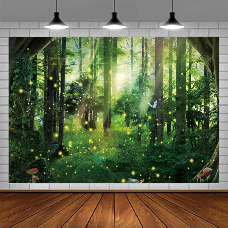 Photography Backdrop Fireflies Forest Fairy Tale Butterfly Mushroom Enchanted Forest Background Girl Birthday Party Decor Poster