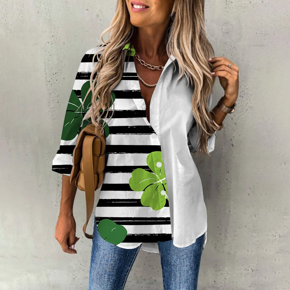 

Spring Women's Blouse Long Sleeves Lucky Clover Printed Fashion Casual Button Down Shirts Daily Office Tops Female Clothing 2024