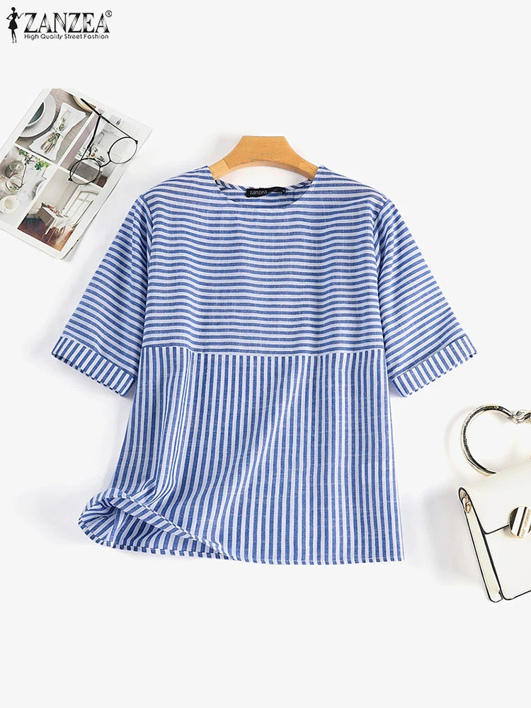 ZANZEA Summer Fashion Striped Blouse Women Half Sleeve O-neck Tops Casual Loose Shirt Female Elegant OL Work Blusas Oversize