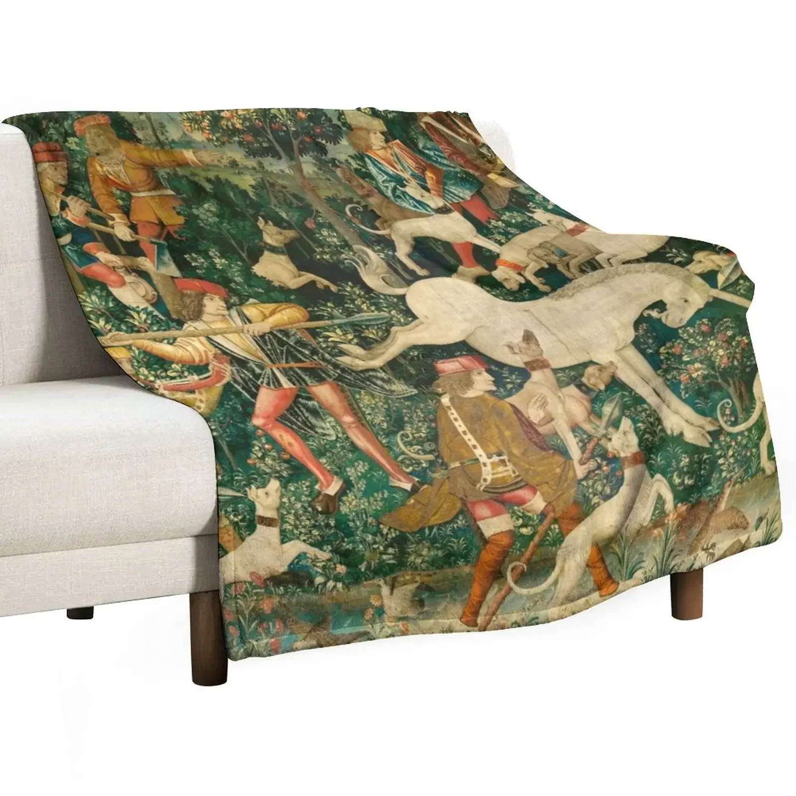 The Hunt of the Unicorn Tapestry. The unicorn defends himself (From Unicorn tapestries) Throw Blanket Bed linens Blankets