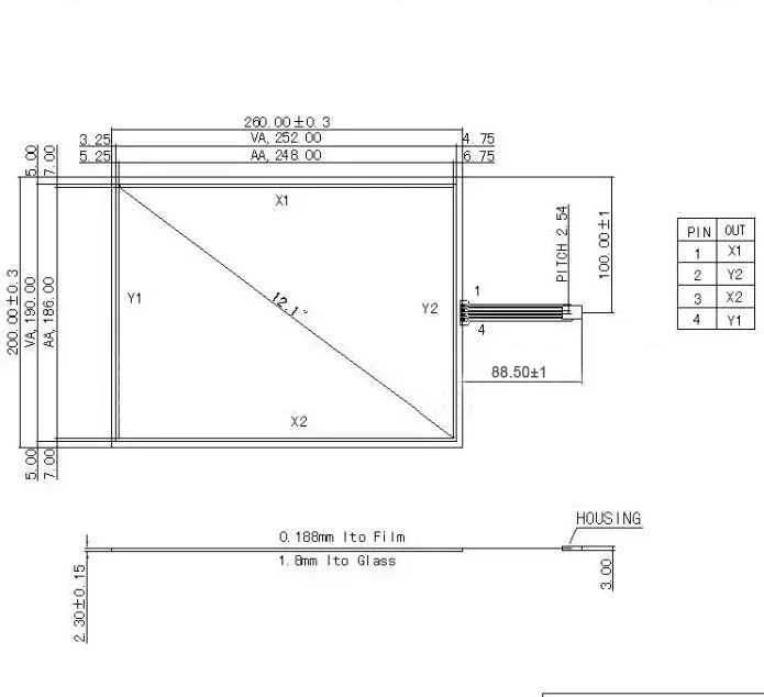 12.1inch 4:3 Industrial 4 Wire Resistive Touch Screen Glass Panel Digitizer 260*200mm