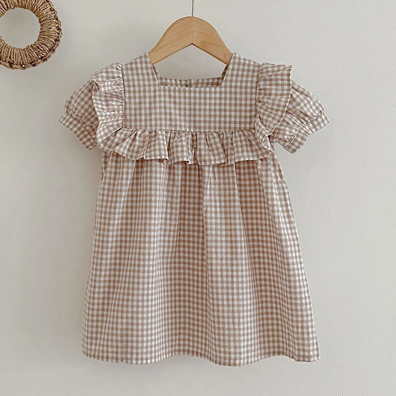 Summer Sweet Newborn Baby Girls Grid Jumpsuit Toddler Baby Girls Short Sleeves Kids Princess Dress Girls Sister Clothes