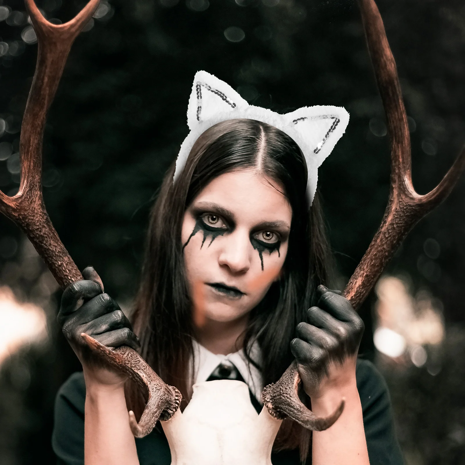 Bando telinga kucing, aksesori Halloween Cosplay kain jala mewah kostum anak wanita