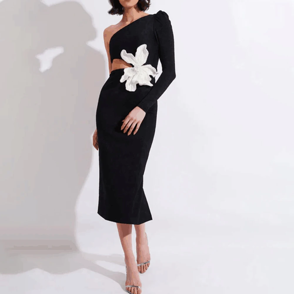 

KLEEZY Cutout Bleading Flower Patchwork One Shoulder Women Party Dress Bandage Bodycon Dress Women Clothing Evening Dress