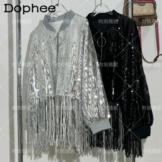 

Fashion Retro Long Sleeve Jacket 2024 New Heavy Industry Sequins Mid Length Loose Fringed Jacket Trendy Coats Women's Clothing