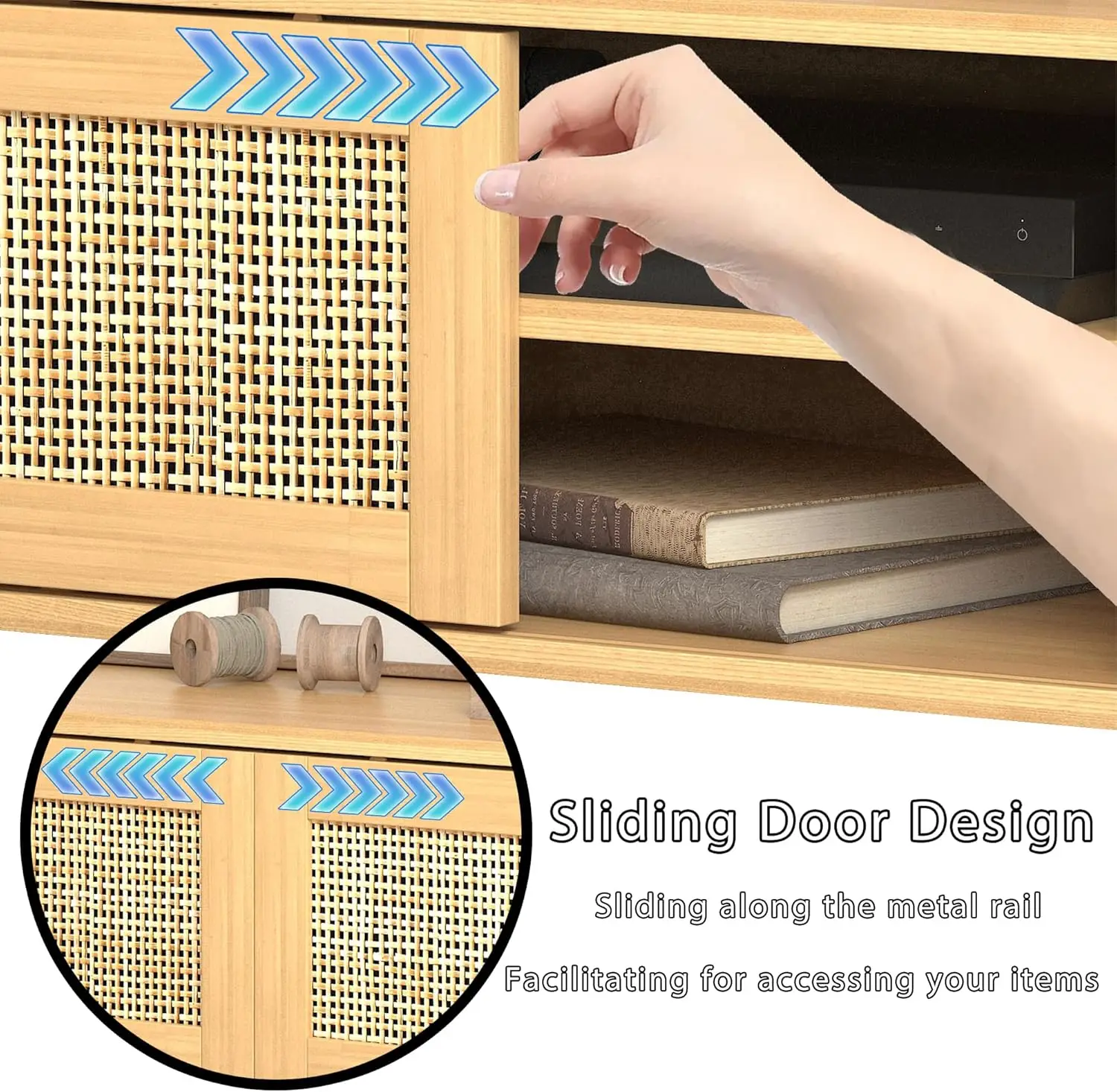 Suporte de TV Boho para TV de 55 65 polegadas, centro de entretenimento de vime com prateleiras, armários e portas deslizantes, mesa de console de mídia de TV