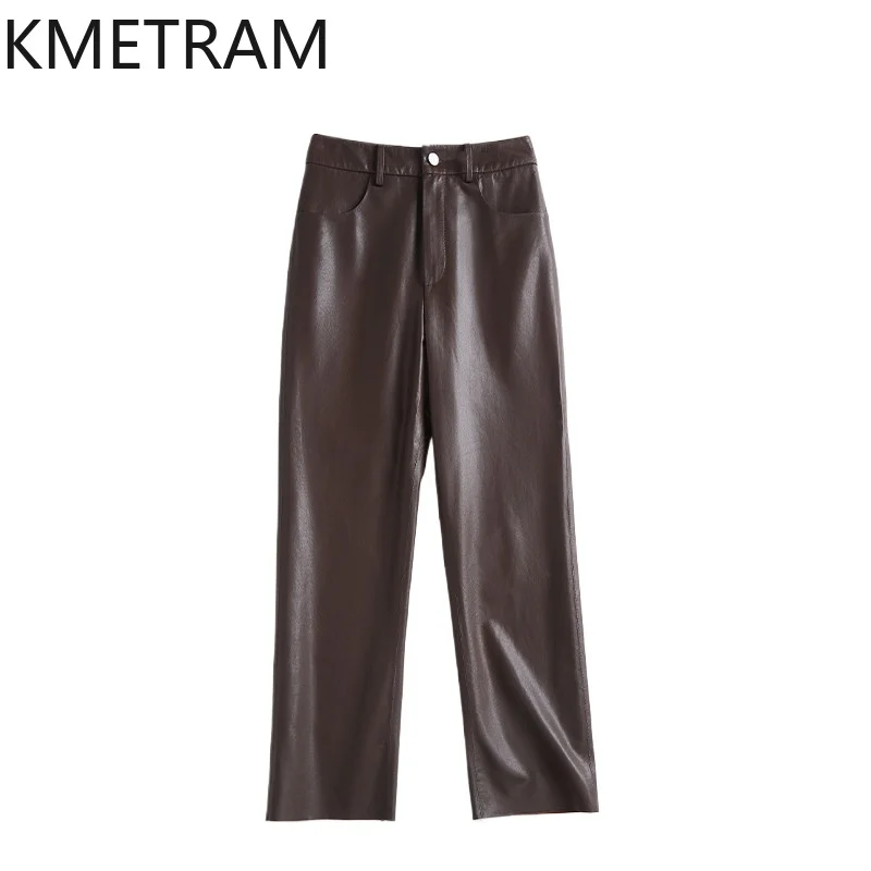 KMETRAM Genuine Leather Pants for Woman Full Vegetable Tanned Ultra-Thin Whole Sheepskin Straight Trousers Casual Pantalon Femme